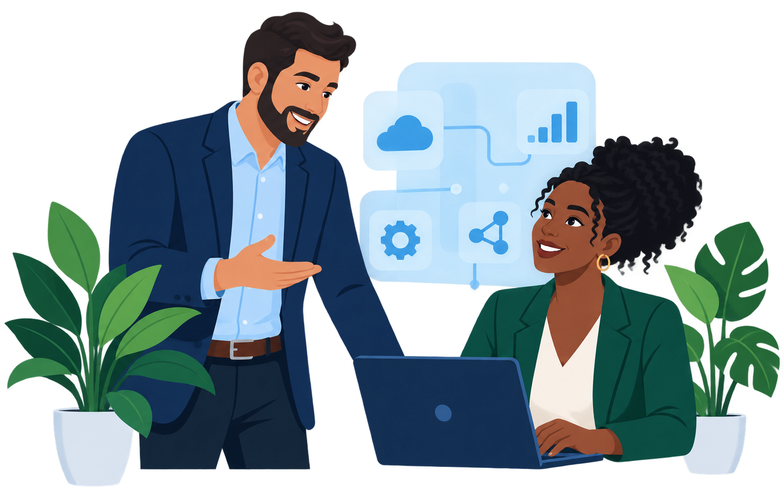 Dos profesionales conversan frente a una computadora portátil con íconos de nube, datos y configuración